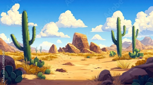 A cartoon vector illustration of an old western desert with cacti and rocks, wild west background style