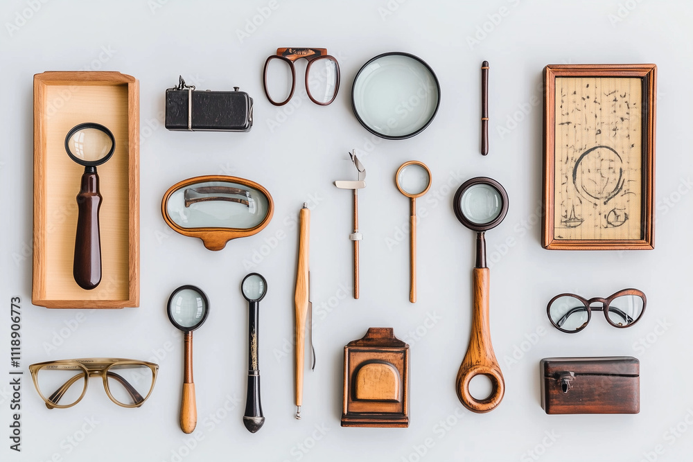 Set of modern, eco-friendly visual aids, clean background, earthy tones, emphasis on sustainable eye care tools Set of modern, eco-friendly visual aids, clean background, earthy tones, emphasis on sustainable eye care tools