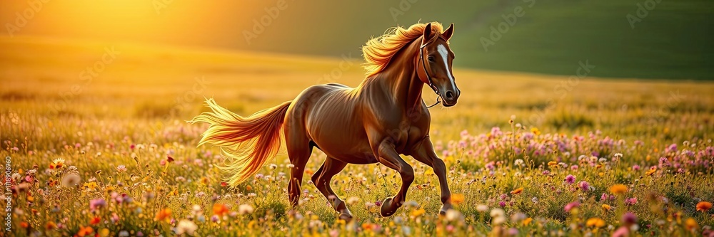 Obraz premium Majestic warmblood horse runs freely on a lush green field in the warm summer sun, athletic build, horses