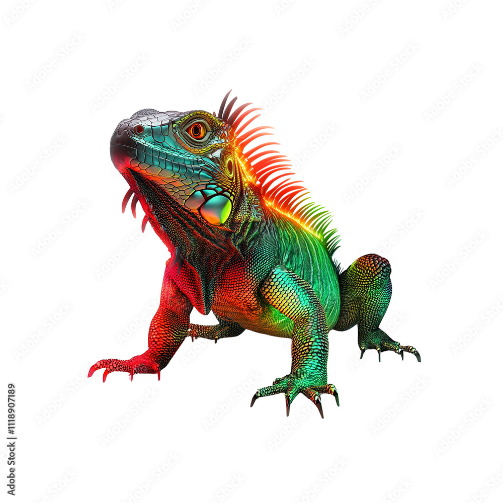 Obraz premium Vibrant Green and Red Iguana with Colorful Scales, Isolated on White Background