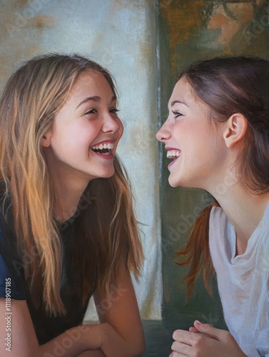 Girl speaking to friend in conversation, burts laughing out loud to friend joke. Real life authentic smile and spontaneous laugh photo