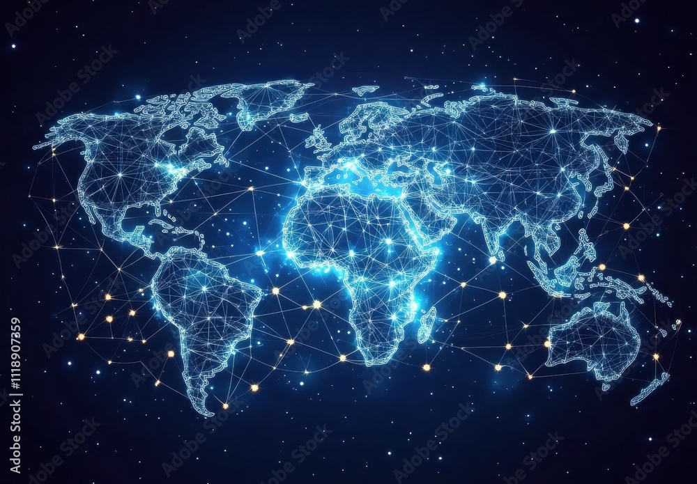 Stunning Abstract Digital World Map with Bright Blue Connections and Stars, Representing Global Networking and the Future of Technology Innovation Stunning Abstract Digital World Map with Bright Blue Connections and Stars, Representing Global Networking and the Future of Technology Innovation