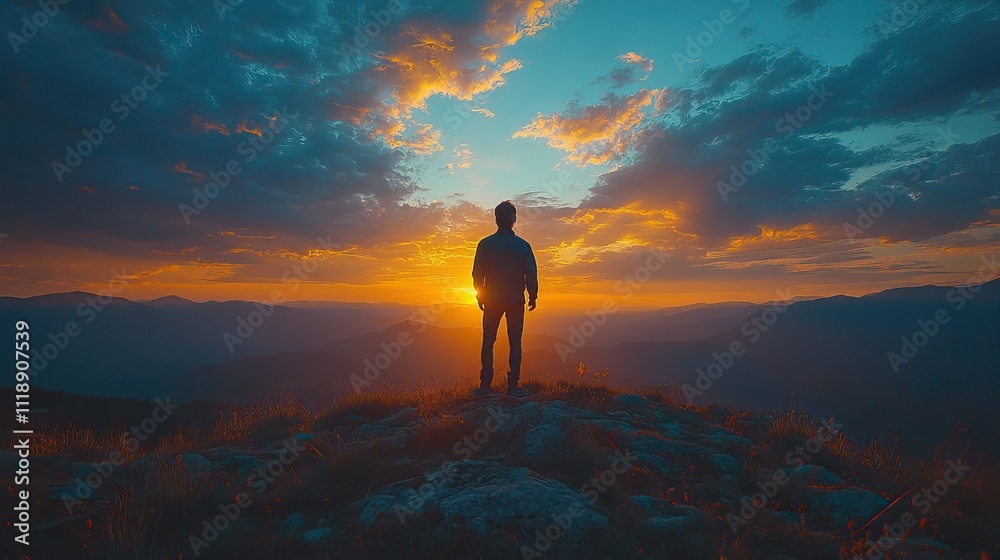 Fototapeta premium A man standing on a mountaintop at night, under a dramatic sky filled with clouds