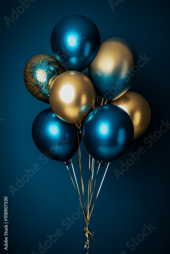 A blue and gold balloon bouquet with metallic balloons, metallic foil, photo