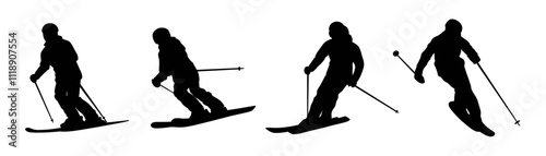 Set of skier silhouette in action. Ski silhouette. Winter sport, extreme sport concept. Isolated background. Vector illustration. Skiing and snowboarding sport silhouette