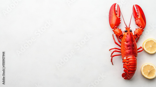 Freshly Caught Red Lobster with Lemon Slices on White Background for Culinary and Seafood Themes in Food Photography photo