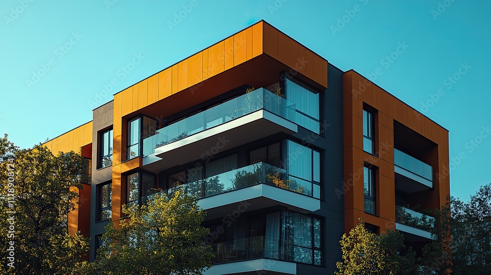 Obraz premium A modern apartment building with a brown and white facade stands out against a clear blue sky