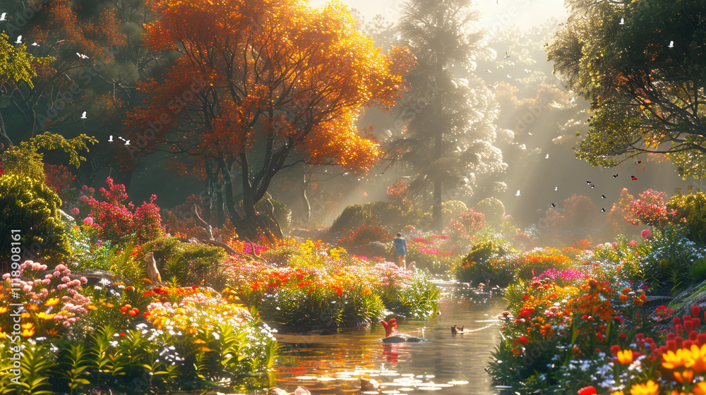 Fototapeta premium Tranquil Garden Stroll Amidst Nature's Symphony