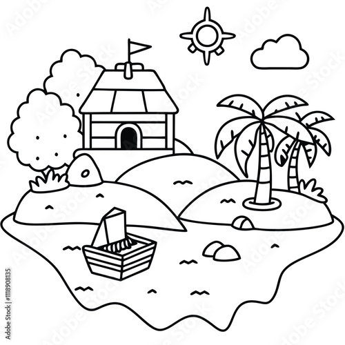 A black and white drawing of a pirate island with a small hut, palm trees, and a boat near the shore