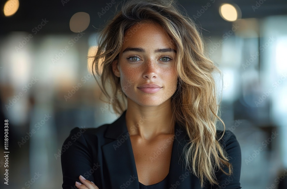 Confident Businesswoman in Blazer Standing with Arms Crossed in Modern Office Setting Confident Businesswoman in Blazer Standing with Arms Crossed in Modern Office Setting