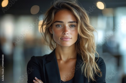 Confident Businesswoman in Blazer Standing with Arms Crossed in Modern Office Setting