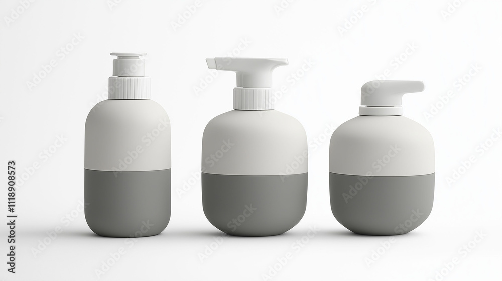 Three containers for skin care and hygiene products, white background. Three containers for skin care and hygiene products, white background.