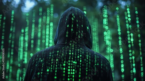 Wallpaper Mural A mysterious hooded figure standing in front of binary code, symbolizing hacker culture and digital security Torontodigital.ca