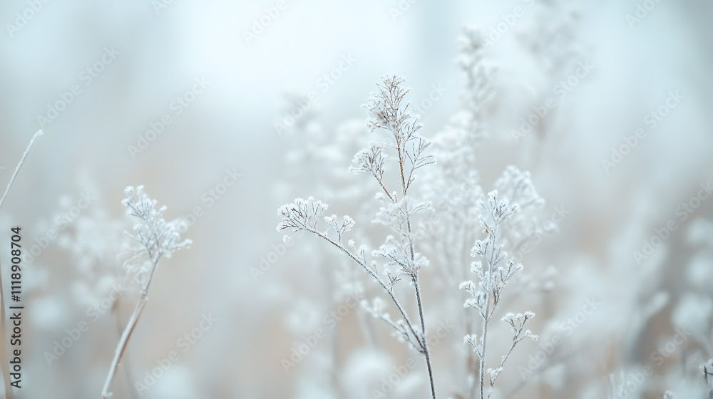 Delicate frost covered plants stand out against soft bokeh background, creating serene winter atmosphere. muted colors evoke sense of calm and tranquility Delicate frost covered plants stand out against soft bokeh background, creating serene winter atmosphere. muted colors evoke sense of calm and tranquility