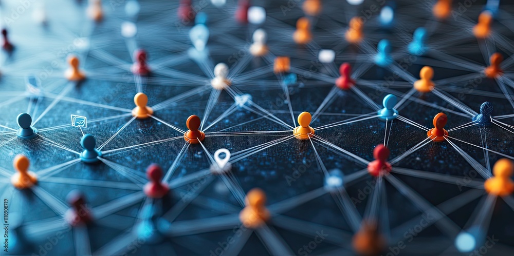 A network of interconnected flat icons represents the complex web of relationships and connections in social media