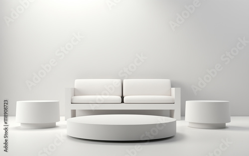 3D rendering of a blank, empty stand with a white background for an event or exhibition.A simple stage design with a furniture set. Background podium scene.