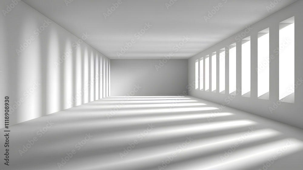 spacious, minimalistic room with pure white walls and natural light streaming through multiple windows, creating soft shadows on floor. serene atmosphere invites creativity and calmness