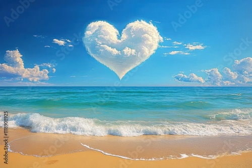 Fototapeta Naklejka Na Ścianę i Meble -  serene beach scene heart shaped cloud turquoise water golden sand summer paradise