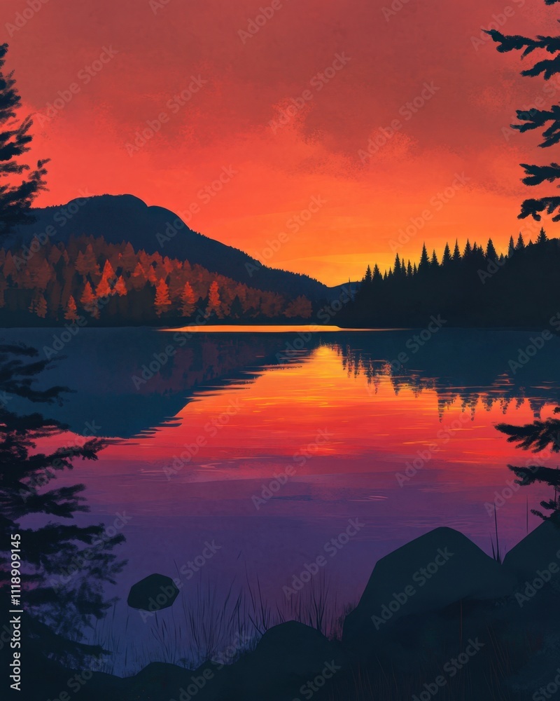 Serene sunset over a calm lake, reflecting vibrant colors. Serene sunset over a calm lake, reflecting vibrant colors.