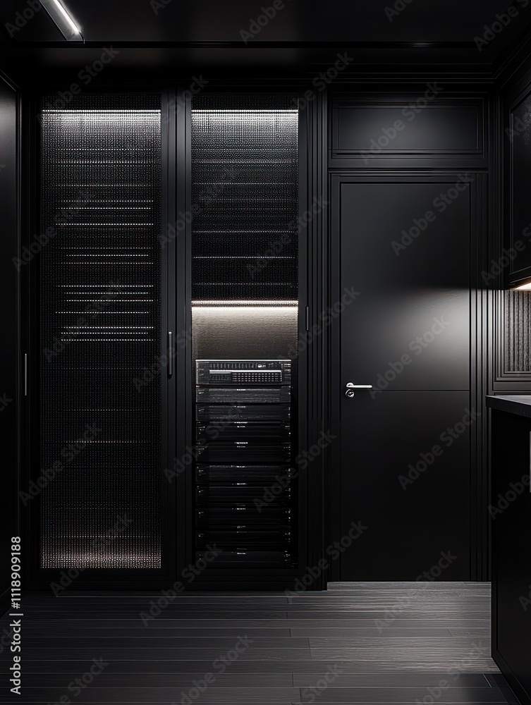 Modern interior of a network server room including racks and cabinets with mesh doors Modern interior of a network server room including racks and cabinets with mesh doors