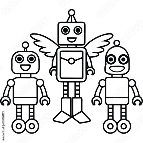 A group of three friendly robots with unique designs stands together, looking happy and ready to assist