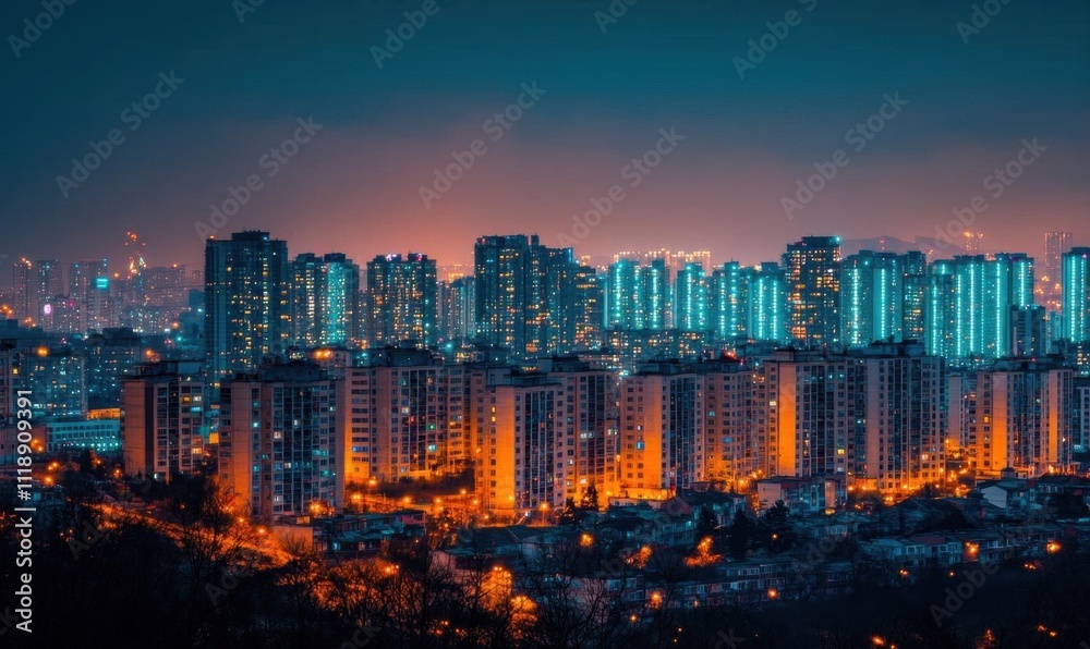 Obraz premium A vibrant city skyline illuminated at night with glowing buildings.