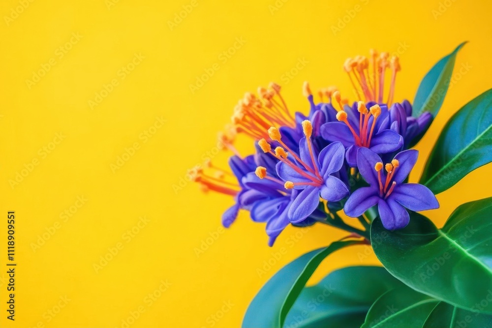 Naklejka premium Vibrant purple flowers against a bright yellow background.