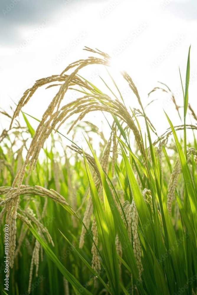 Obraz premium Sunlight illuminating a lush field of ripening rice plants.