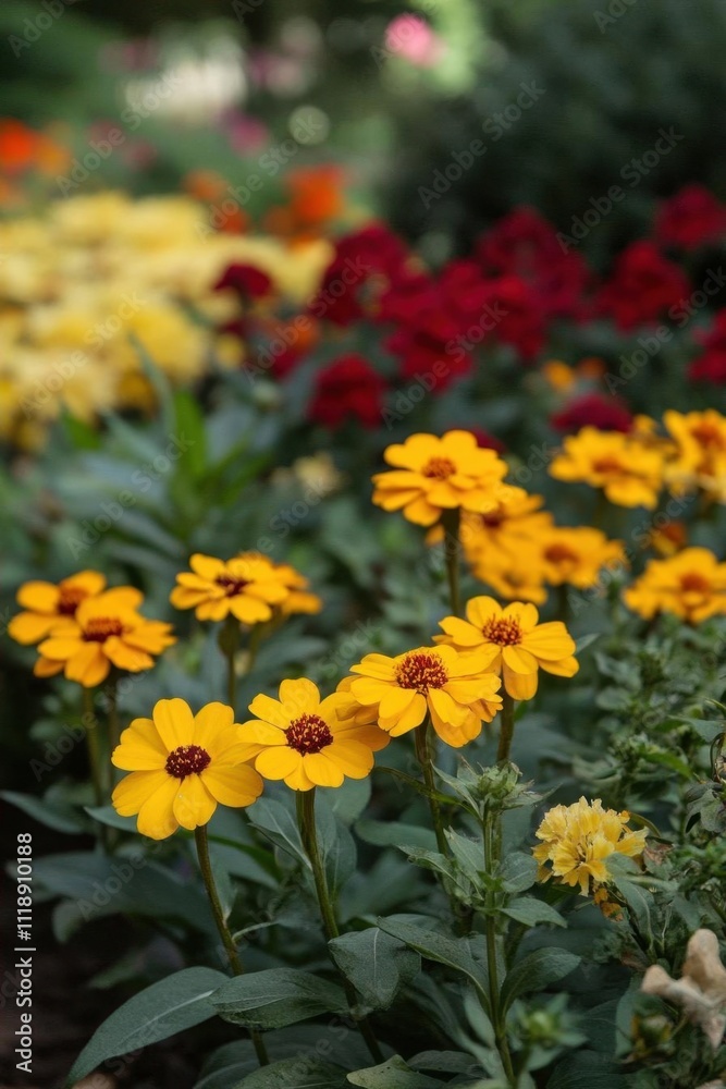 A vibrant garden scene featuring yellow and red flowers in bloom. A vibrant garden scene featuring yellow and red flowers in bloom.