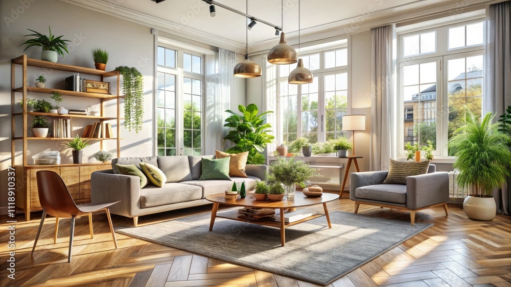 Scandinavian Living Room Design: Modern Aerial 3D Rendering - Minimalist Interior