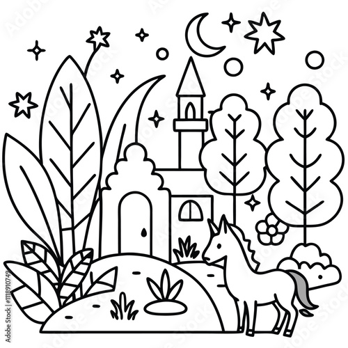 A black and white illustration depicts a whimsical garden scene at night. A unicorn stands near a cottage, and the sky is filled with stars and a crescent moon