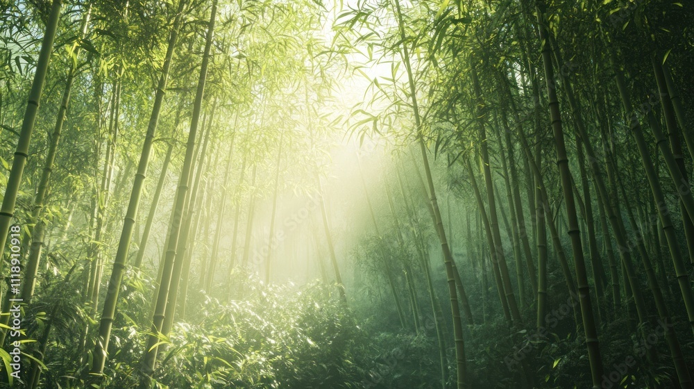 Obraz premium A dense bamboo forest with sunlight filtering through the stalks