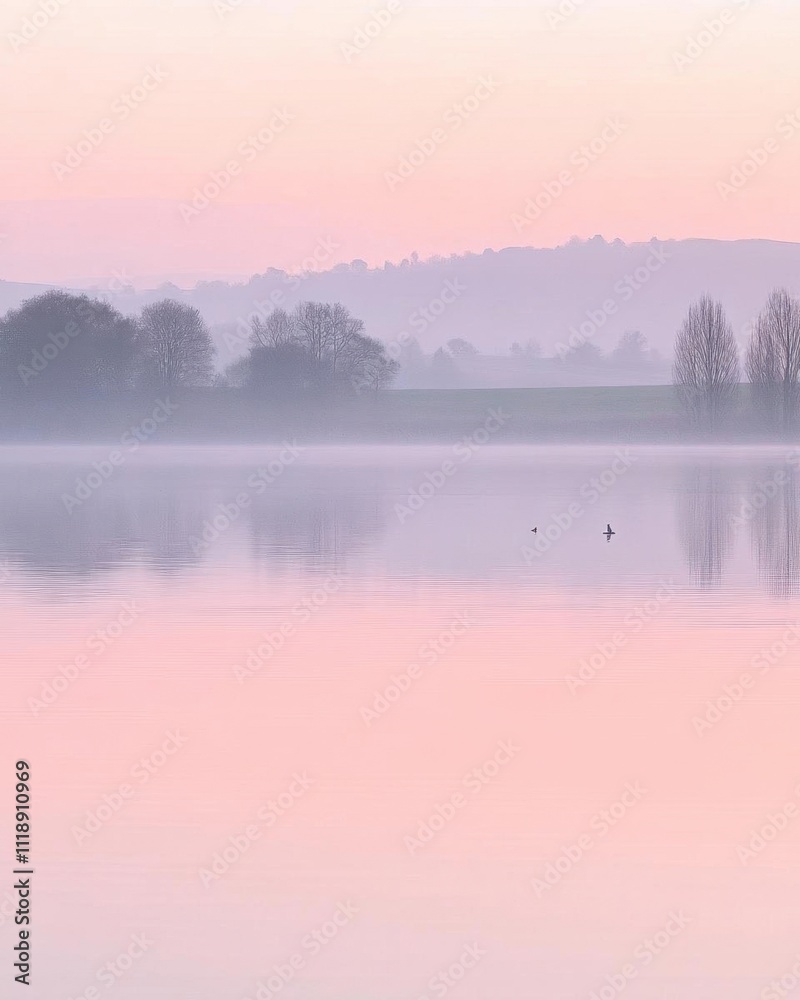 Fototapeta premium A serene misty landscape reflecting soft pastel colors at dawn.