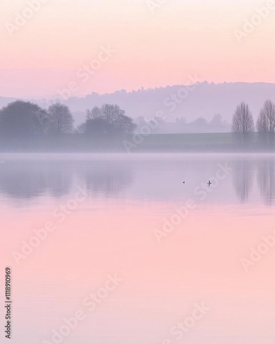 A serene misty landscape reflecting soft pastel colors at dawn.