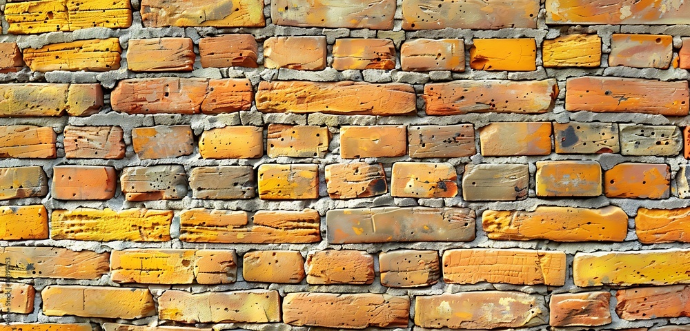 Flat lay brick wall background with layers of yellow and orange bricks, creating a warm and inviting atmosphere Flat lay brick wall background with layers of yellow and orange bricks, creating a warm and inviting atmosphere