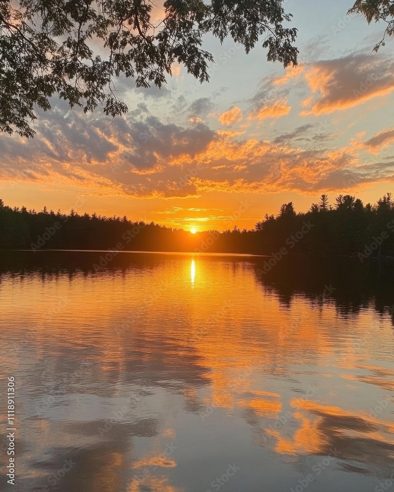 A serene sunset over a calm lake, reflecting vibrant colors. A serene sunset over a calm lake, reflecting vibrant colors.