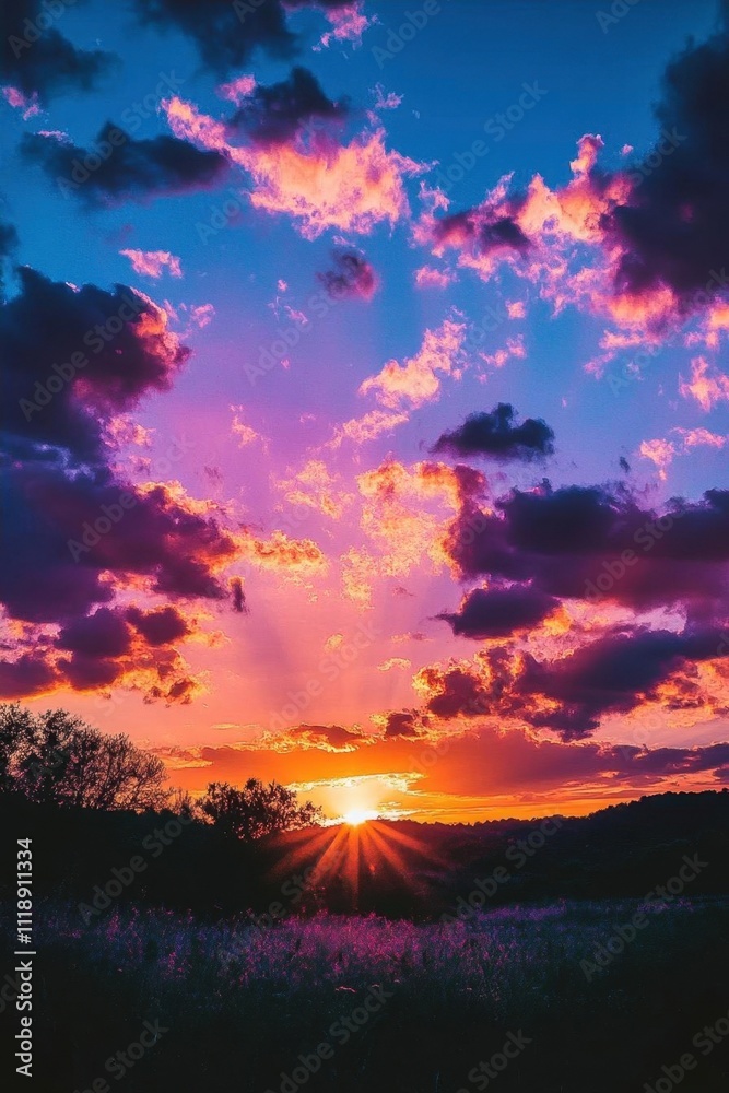 Fototapeta premium A vibrant sunset with colorful clouds illuminating the sky.