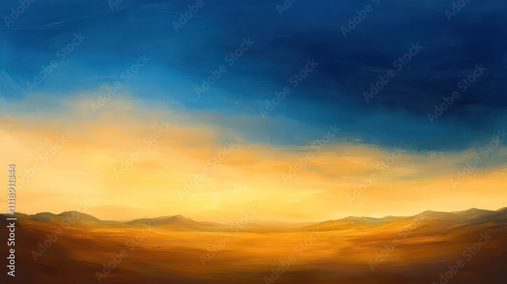 A desert landscape at twilight, with the sky transitioning from gold to deep blue A desert landscape at twilight, with the sky transitioning from gold to deep blue