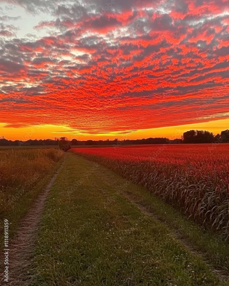 Obraz premium A vibrant sunset over a rural path and fields.