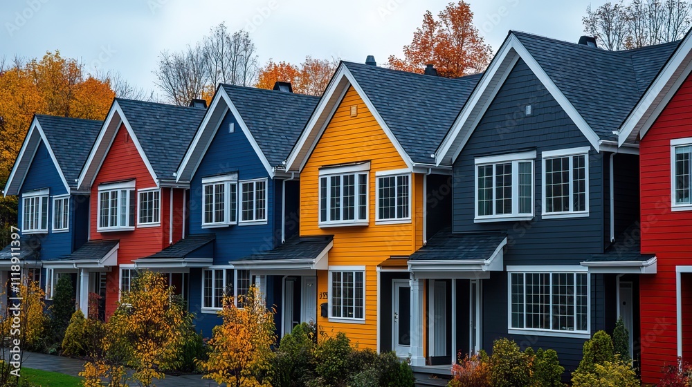 A row of colorful townhouses, each with unique roof styles, set against a clear autumn sky A row of colorful townhouses, each with unique roof styles, set against a clear autumn sky
