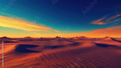 A desert landscape at twilight, with the sky transitioning from gold to deep blue