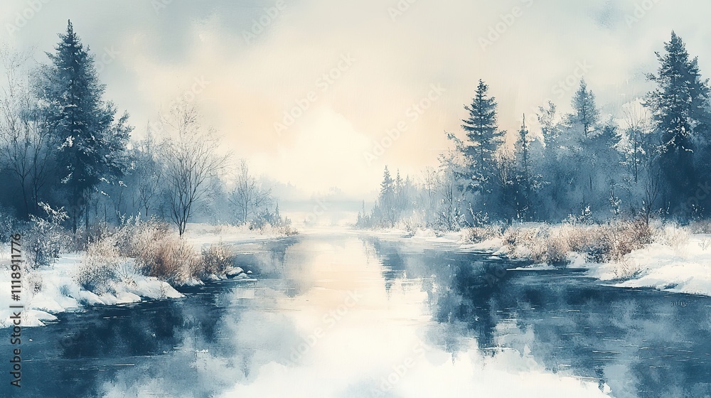 Fototapeta premium A serene winter landscape painted in watercolors, with blue and grey tones for a calming effect