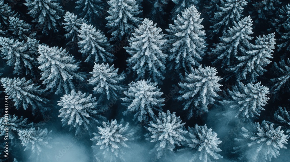 Aerial view of snow-covered pine forest. Aerial view of snow-covered pine forest.