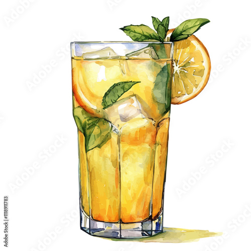 A watercolor of a glass of lemonade, isolated on a white background. Glass of lemonade vector.