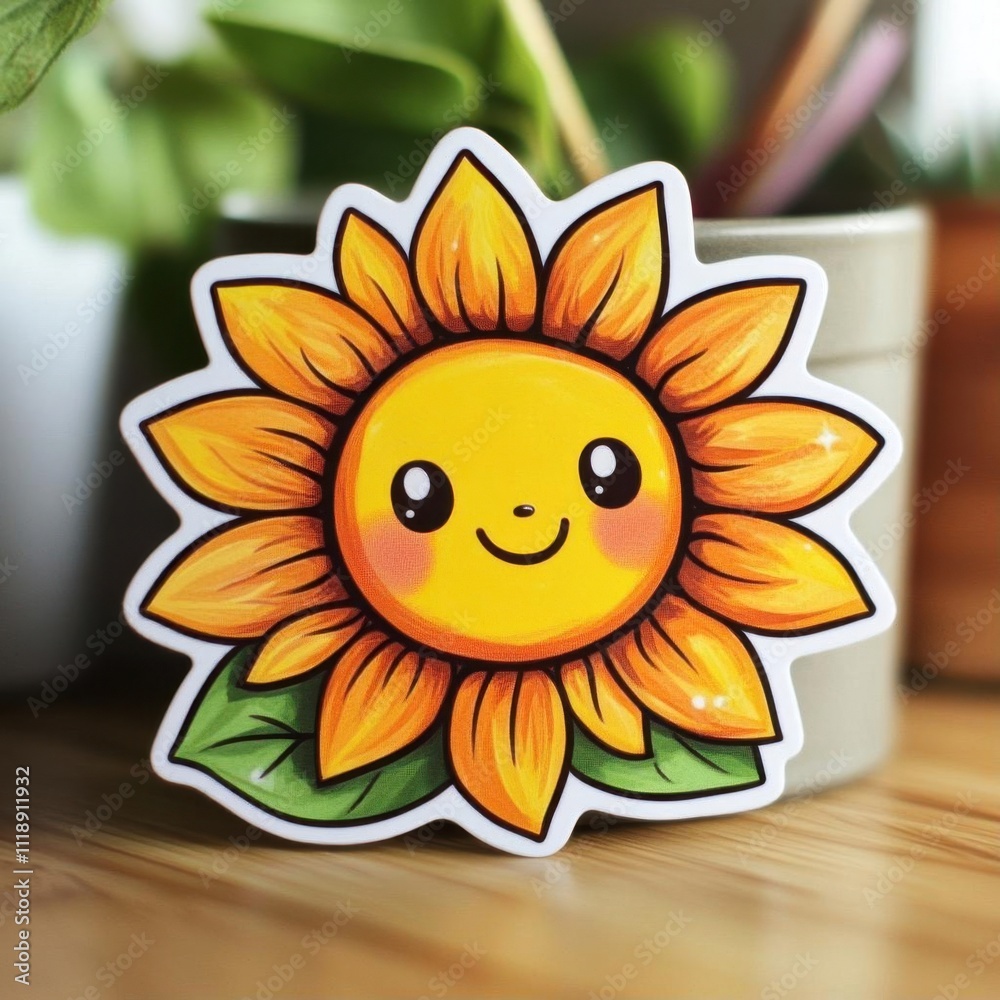 A cheerful sunflower sticker with a smiling face and vibrant colors. A cheerful sunflower sticker with a smiling face and vibrant colors.