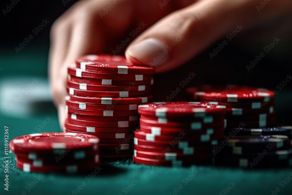 Hands Stacking Red Poker Chips on Green Felt Table High Stakes Gambling Casino Scene for Advertising Hands Stacking Red Poker Chips on Green Felt Table High Stakes Gambling Casino Scene for Advertising