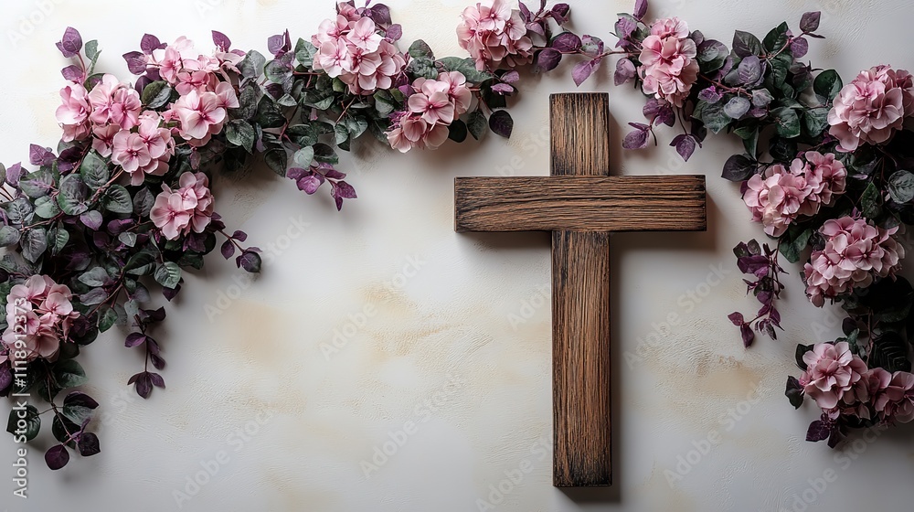 A simple wooden cross adorned with delicate flowers and purple leaves lies on a pristine white background A simple wooden cross adorned with delicate flowers and purple leaves lies on a pristine white background