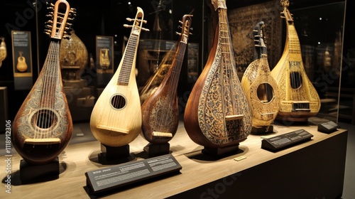 A Row of Antique Musical Instruments on Display