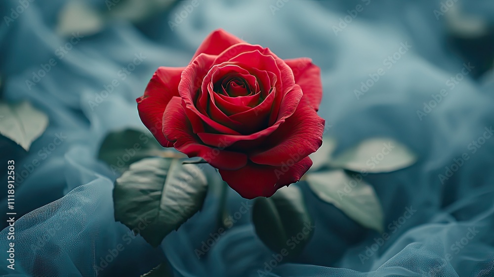 A single red rose is the focal point against a soft, blurred tulle background A single red rose is the focal point against a soft, blurred tulle background