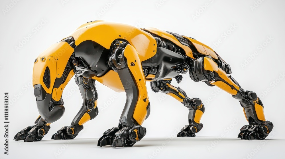 A contemporary yellow and black robotic dog with four legs designed for innovative factory applications on a clean white background A contemporary yellow and black robotic dog with four legs designed for innovative factory applications on a clean white background